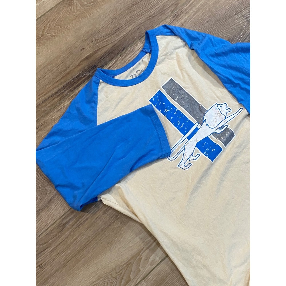 Majestic Threads Detroit Lions NFL Raglan Baseball Tee Cream Blue Mens XL USA‎
